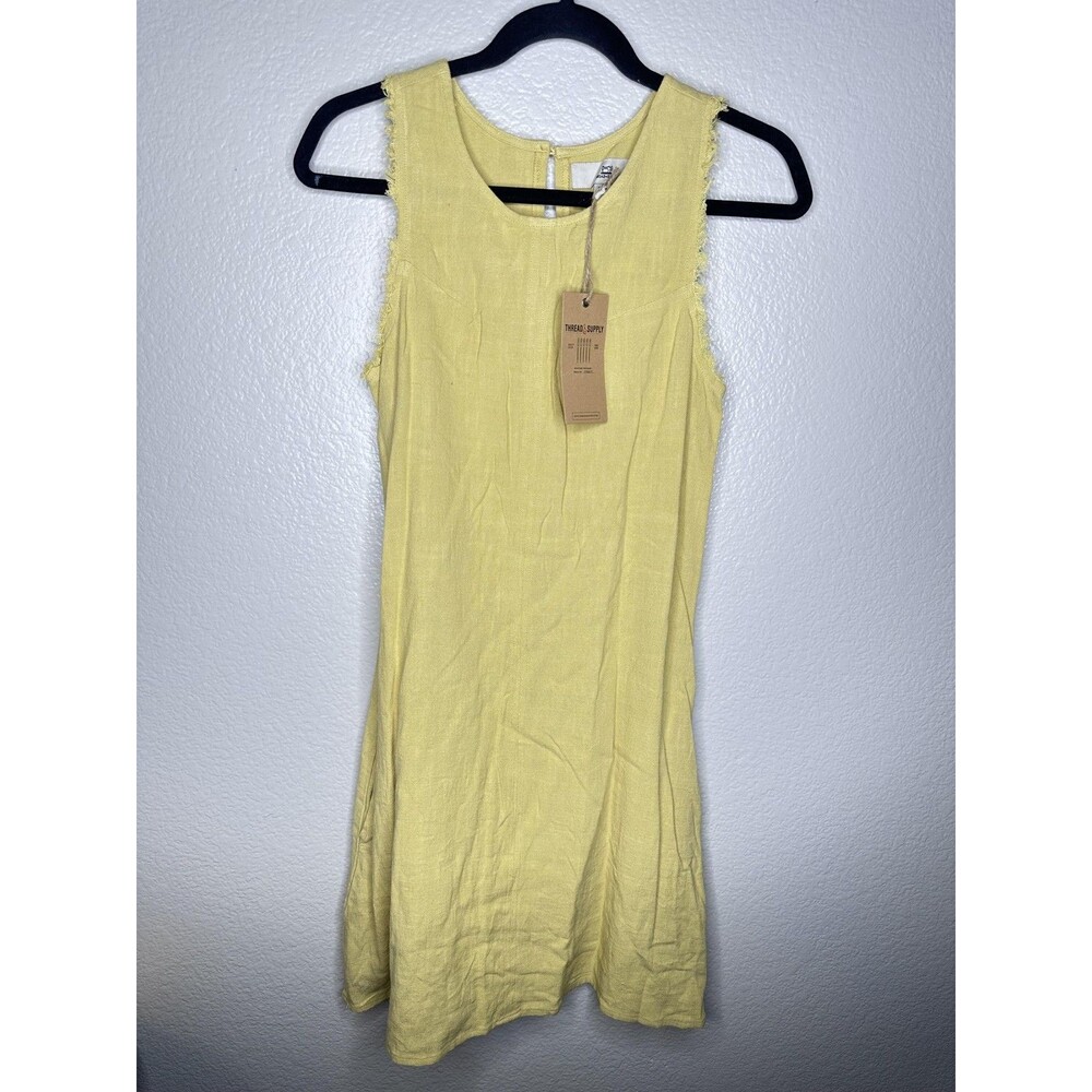 Thread + Supply Dress Womens Small Yellow Linen Sleeveless Shift Fringe Pockets